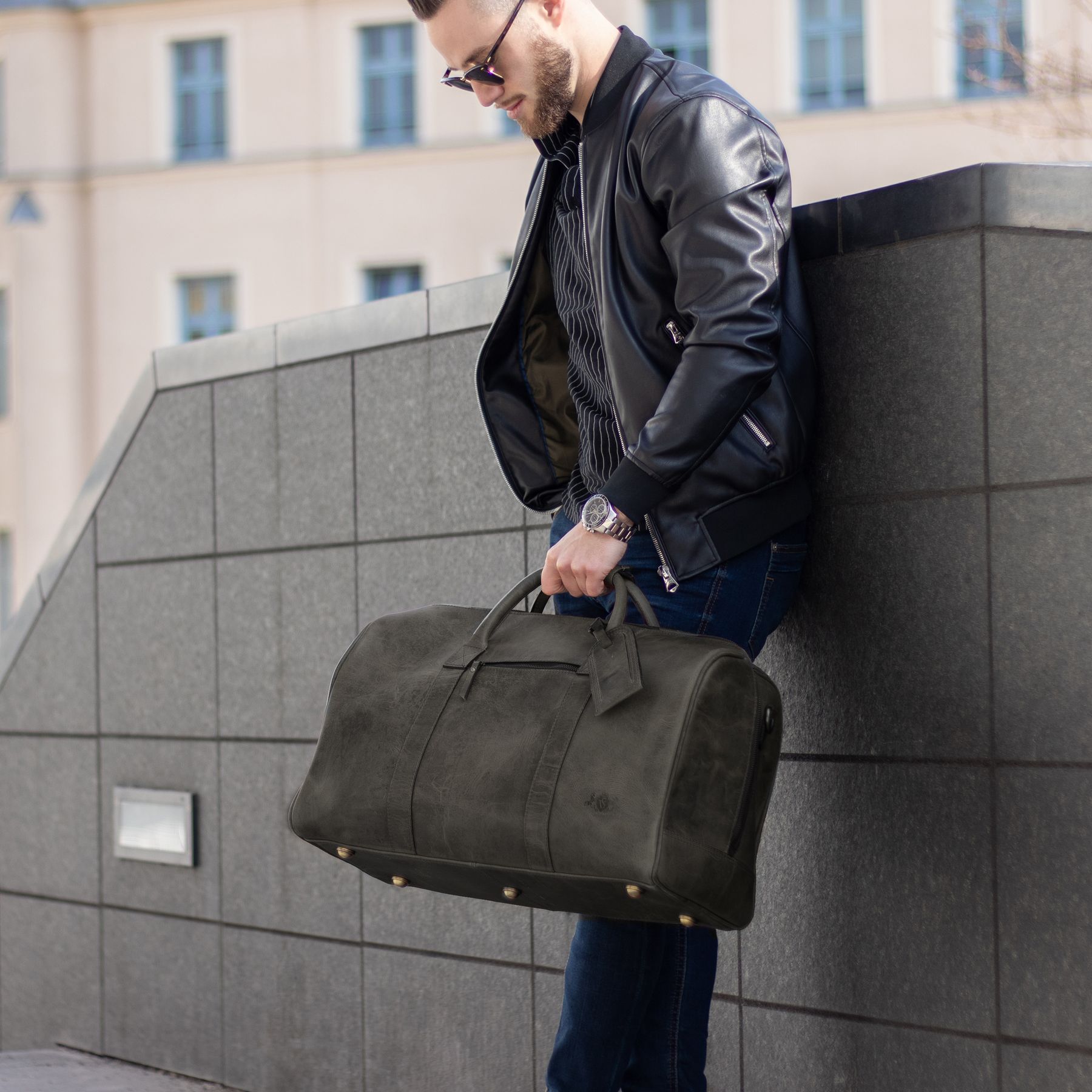 SID & VAIN travel bag leather CHAD green sports bag weekender
