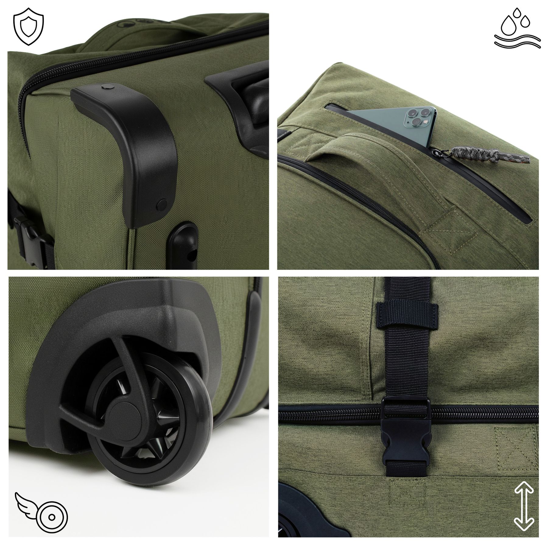 SONS OF ALOHA Travel bag with 2 wheels large many compartments KANE Soft shell duffel trolley suitcase olive luggage XL