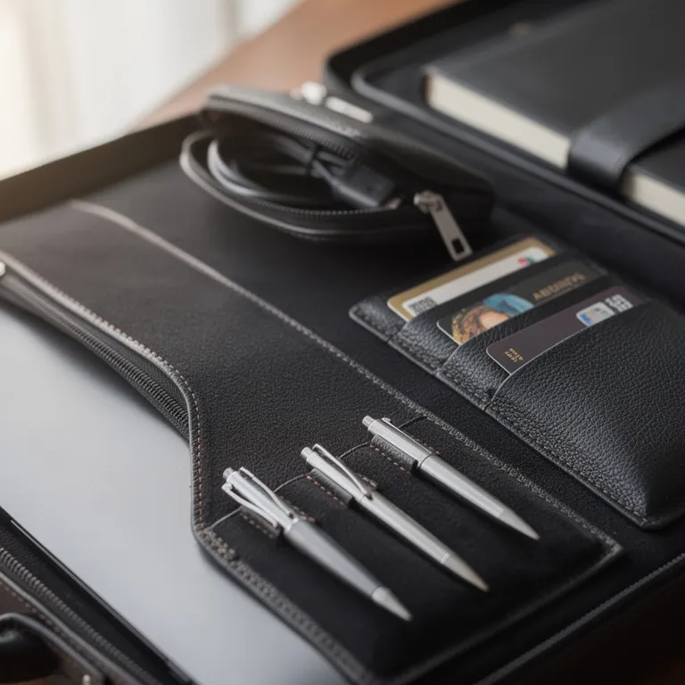 Die Detailaufnahme zeigt das offene Laptopfach einer eleganten Aktentasche. Innen sind verschiedene Fächer für Dokumente, Stifte außerdem Zubehör gut sichtbar.