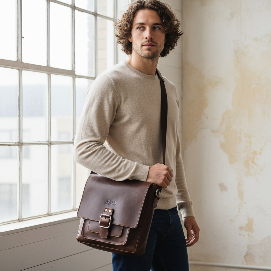 junger mann mit einer herrentasche aus braunem leder in einem loft