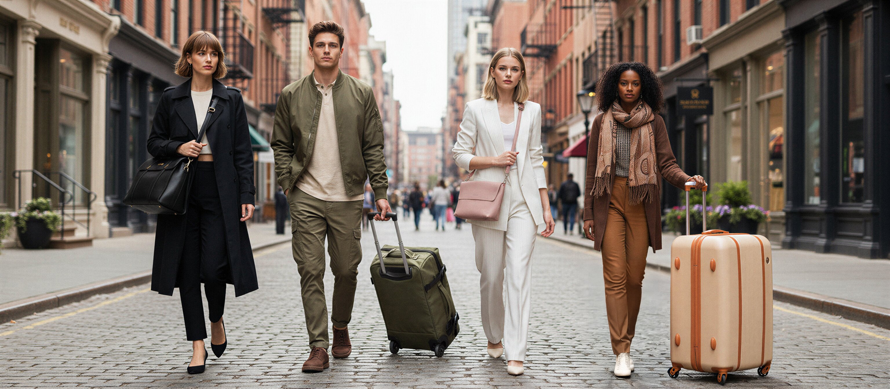 Vier Models die neue Trends bei taschen, Koffern und Bekleidung zeigen