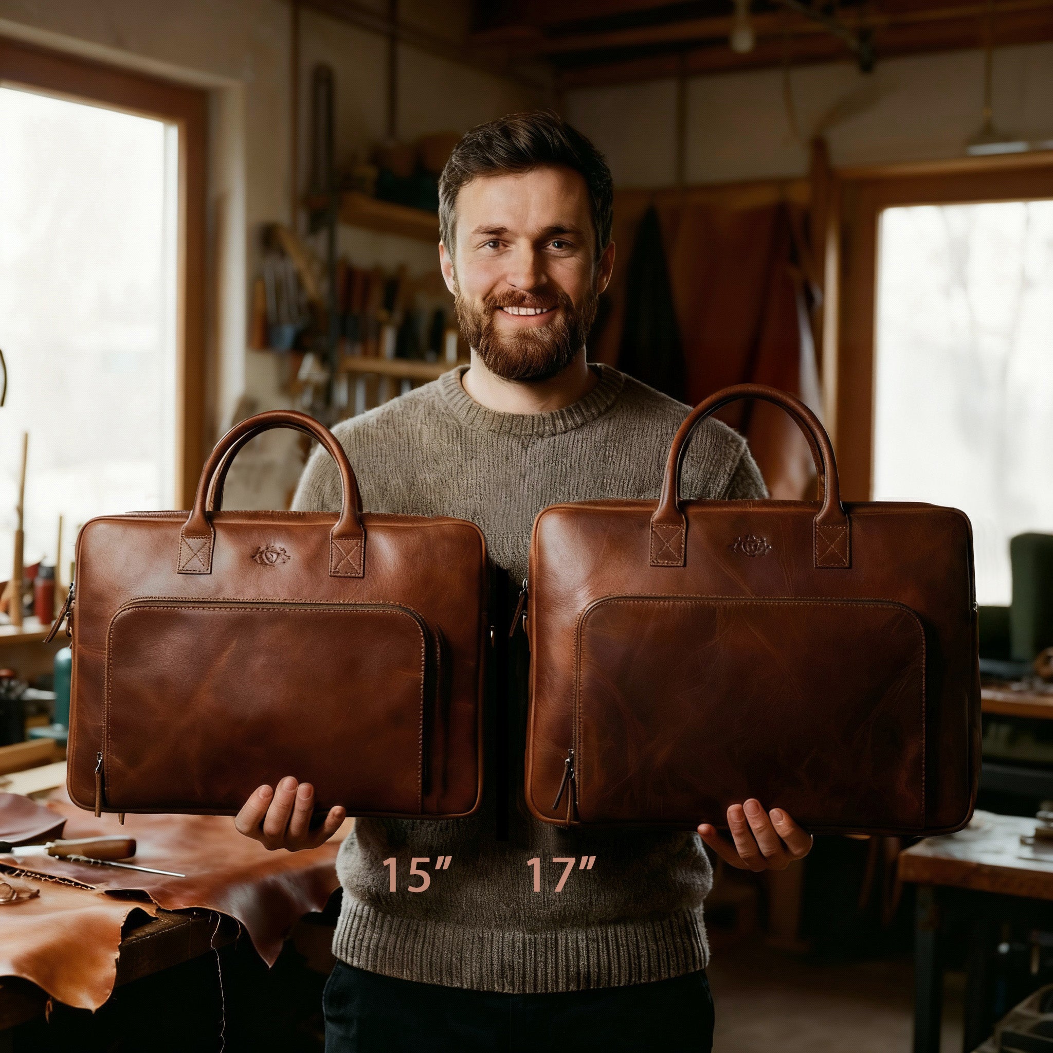SID & VAIN Briefcase with Front Pocket HARVEY Leather Brown Black